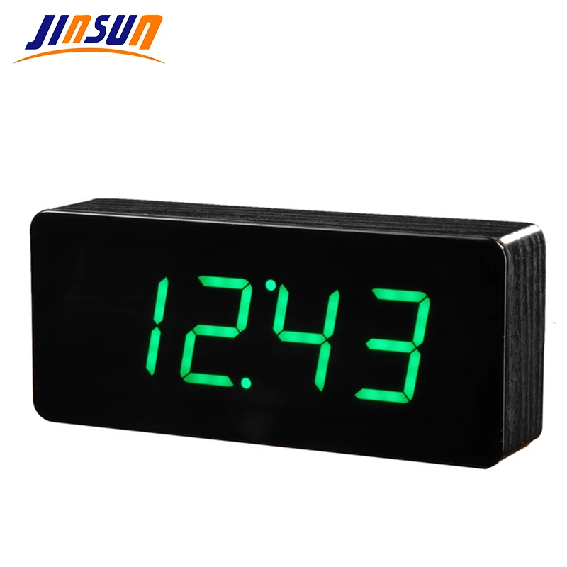 JINSUN Wood LED Alarm Clock Despertador Temperature Sounds Control LED