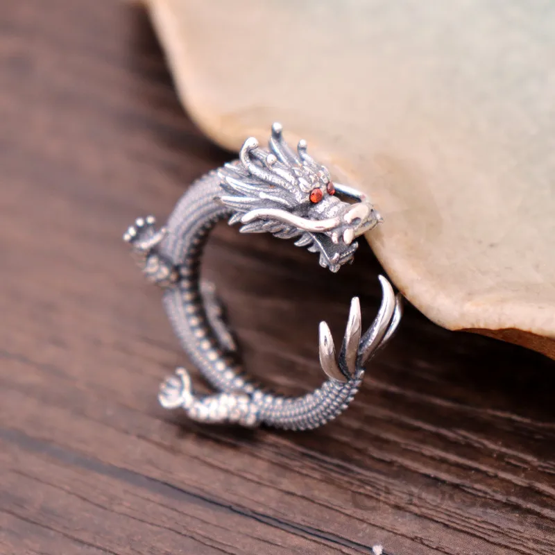 Cool Vintage Black 925 Sterling Silver Chinese Dragon Pinky Ring Jewelry with Cubic Zirconia for Men Women Adjustable Fashion Jewelry