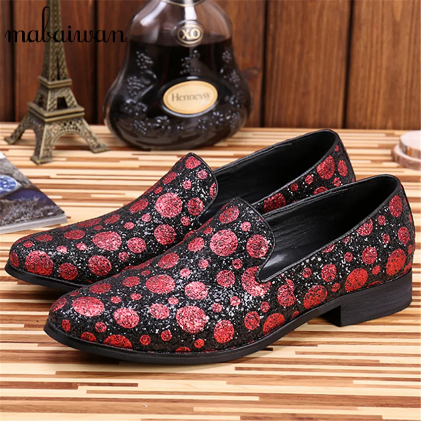 Dot Print Paillette Leather Men Flat Shoes Fashion Loafers Casual Flats Pointed Toe Party Dress Shoes Espadrilles Mocassin Homme