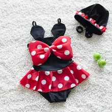 Комплект одежды для девочек с Минни Маус и для купальник "Мышка" красного цвета в горошек, с оборками Плавание костюм бикини Плавание с бантом для маленьких девочек; Цельный купальник с Кепки