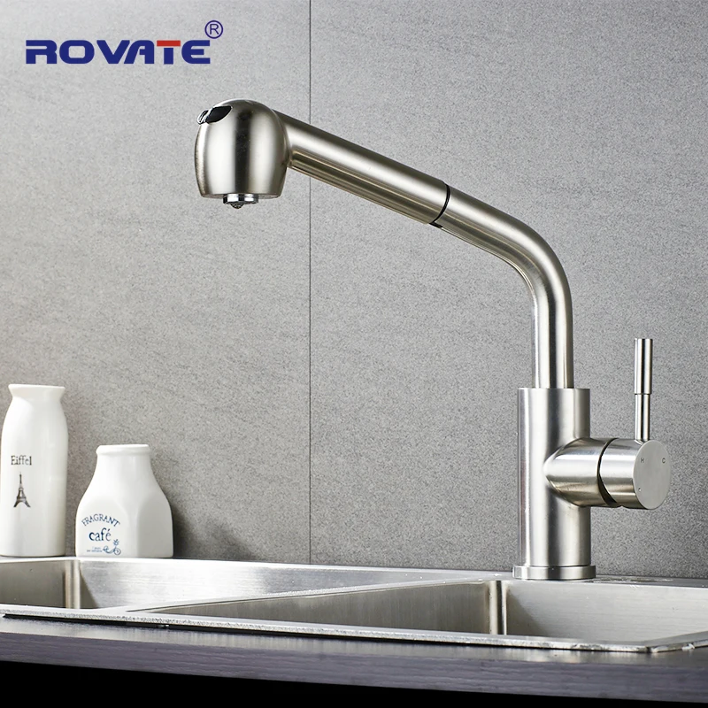 

ROVATE 304 Stainless Steel Kitchen Faucet Pull out Brushed Around Rotate Swivel 2-Function Water Outlet Mixer Sink Taps