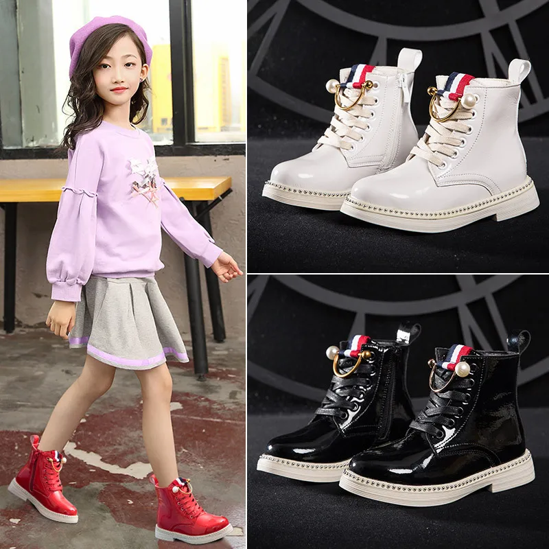 

2019 Kids Genuine leather Strap Ankle Boots For Girls Plush Lining Moto Boots Children Breathable Casual 3 Color Size 27-37