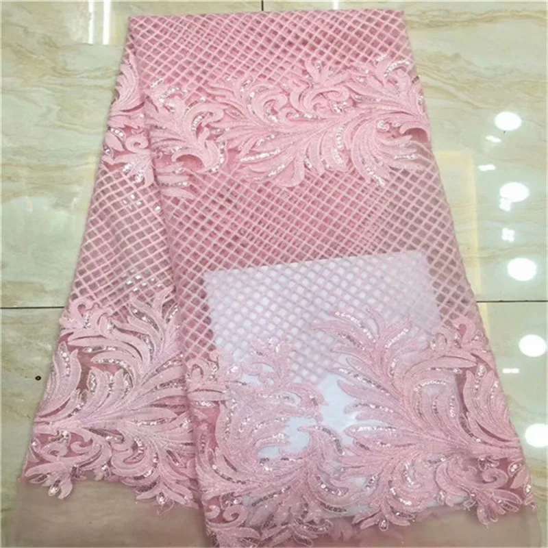 

Latest Nigeria Mesh Fabric with Sequins Pink Lace Fabric 2019 Newest French Tulle Lace Fabric For Evening Party Dress