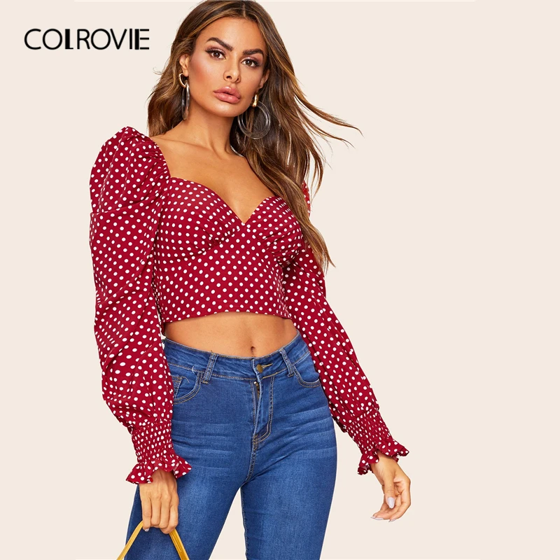 COLROVIE, красная гофрированная деталь, узор в горошек, Boho, короткая блузка, рубашка для женщин,, милая, длинный рукав, для отдыха, Женские топы и блузки