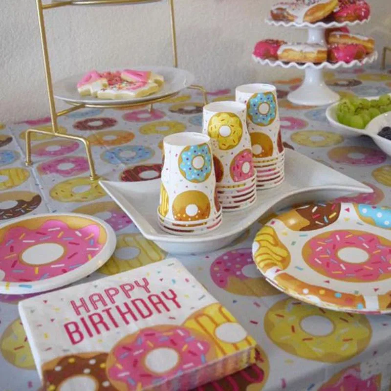 

1set Donut Party Supplies Kids Birthday Decor inflatable Donut Balloon Disposable Tableware Dessert Paper Plate Cup Baby Shower