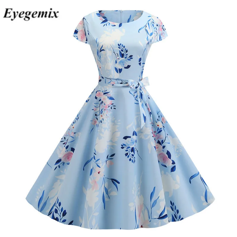 

2019 Summer Women Vintage Dress 50s 60s Floral Print Short Sleeve Casual Swing Retro Party Midi Dress Robe Femme Vestidos