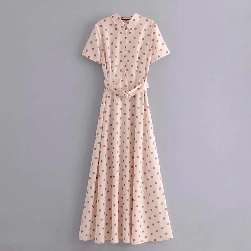 

women vintage sweet polka dots print waist sashes long dress ladies chic short sleeve maxi vestidos party line dresses