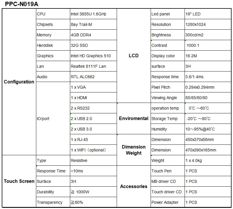 QYT промышленных планшетных Embedded PC 19 дюймов Ethernet Lan Порты и разъёмы RJ45 RS232 Windows 10 Celeron 3855U 4G ОЗУ 32 ГБ SSD