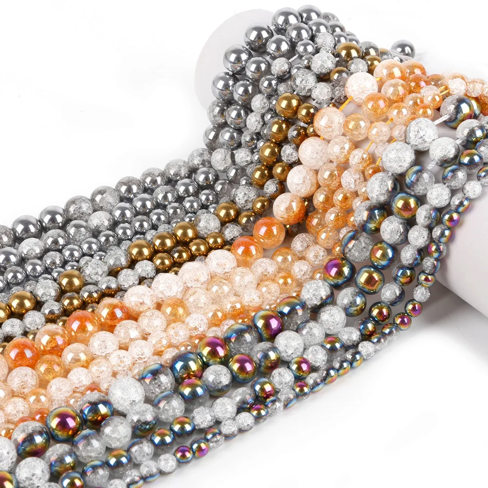 

Hot 6/8/10/12mm One Side Plated Golden White Snow Cracked Crystal Natural Stone Beads For Jewelry Making DIY Bracelet Neck