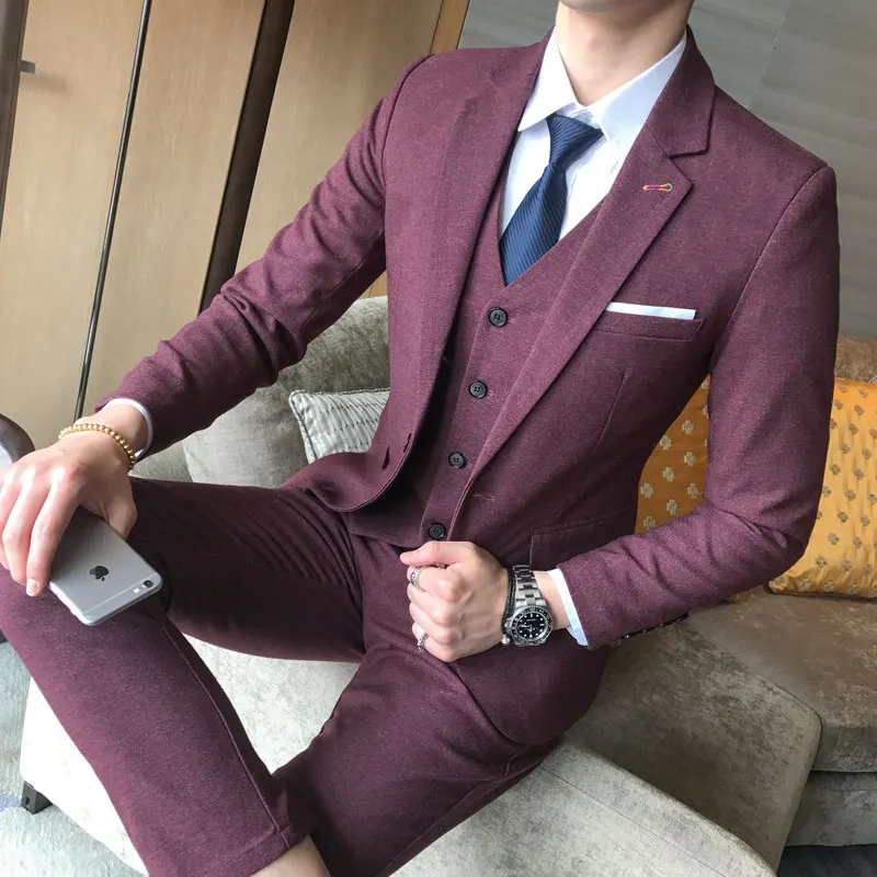 Jacket + Vest + Pants / 2018 New Mens Boutique Solid Color Fashion Formal Business Suits 3 Piece Sets / Groom Wedding Dress Suit