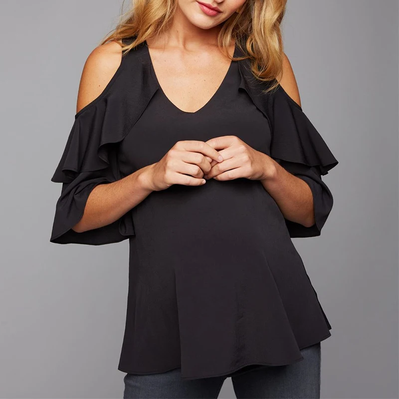 VONDA/Женские блузки с открытыми плечами, рубашки, Осенние, для беременных, сексуальные, v-образный вырез, рукава-фонарики с оборками, топы, плюс размер, блузки для беременных