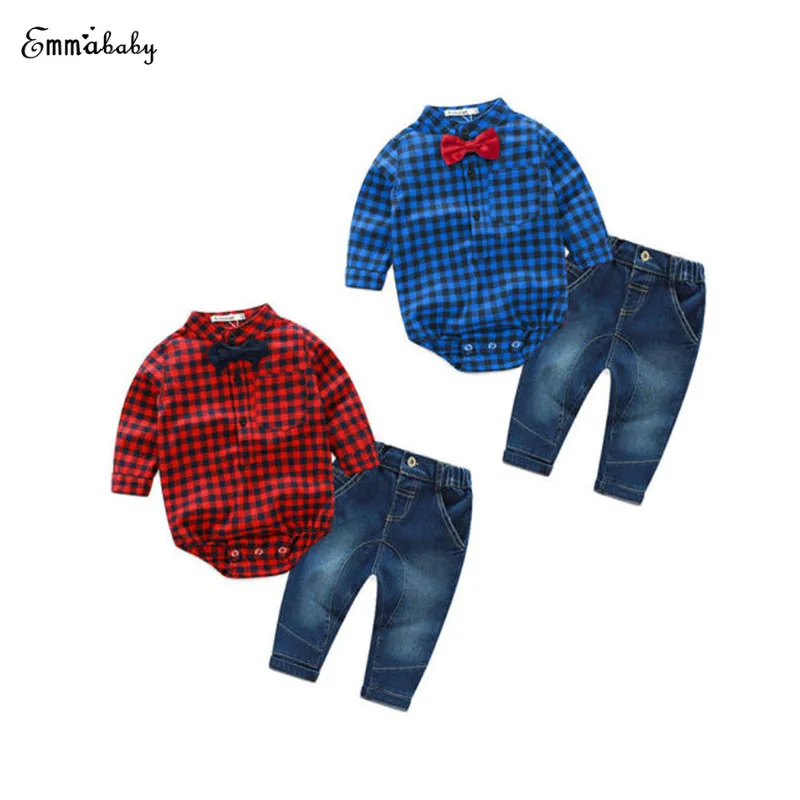 

0-18M Newborn Baby Boys Casual Long Sleeve Plaid Covered Button Romper Jeans Pants 2PCS Outfit Autumn Party Sunsuit Baby Sets