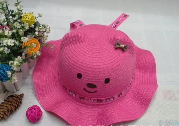 ; Новинка; Детская кепка в Корейском стиле; модная детская летняя соломенная Кепка с рисунком медведя и бантом для детей 2-8 лет - Цвет: fuschia