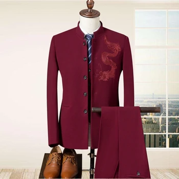 

HCXY Men's Chinese Style Embroidered Suit Groom Wedding Dress Men Casual Suit Set (Jacket+Pants+Vest)male blazers jacket