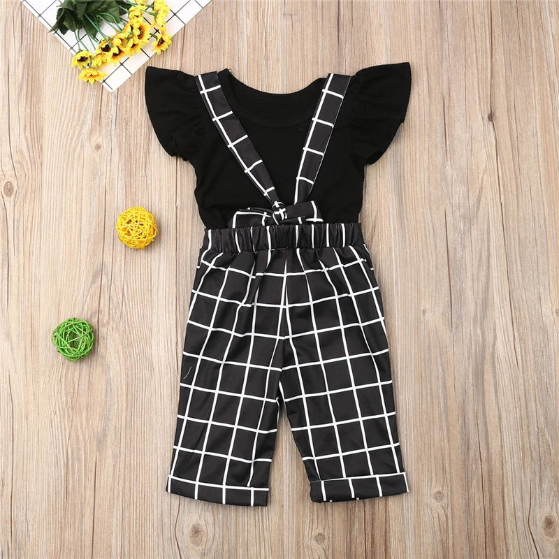 1-6T Fashion Toddler Kid Girls Clothes set Ruffles Short Sleeve Top and plaid Overalls Pants Cute Lovely Outfits Streetwear