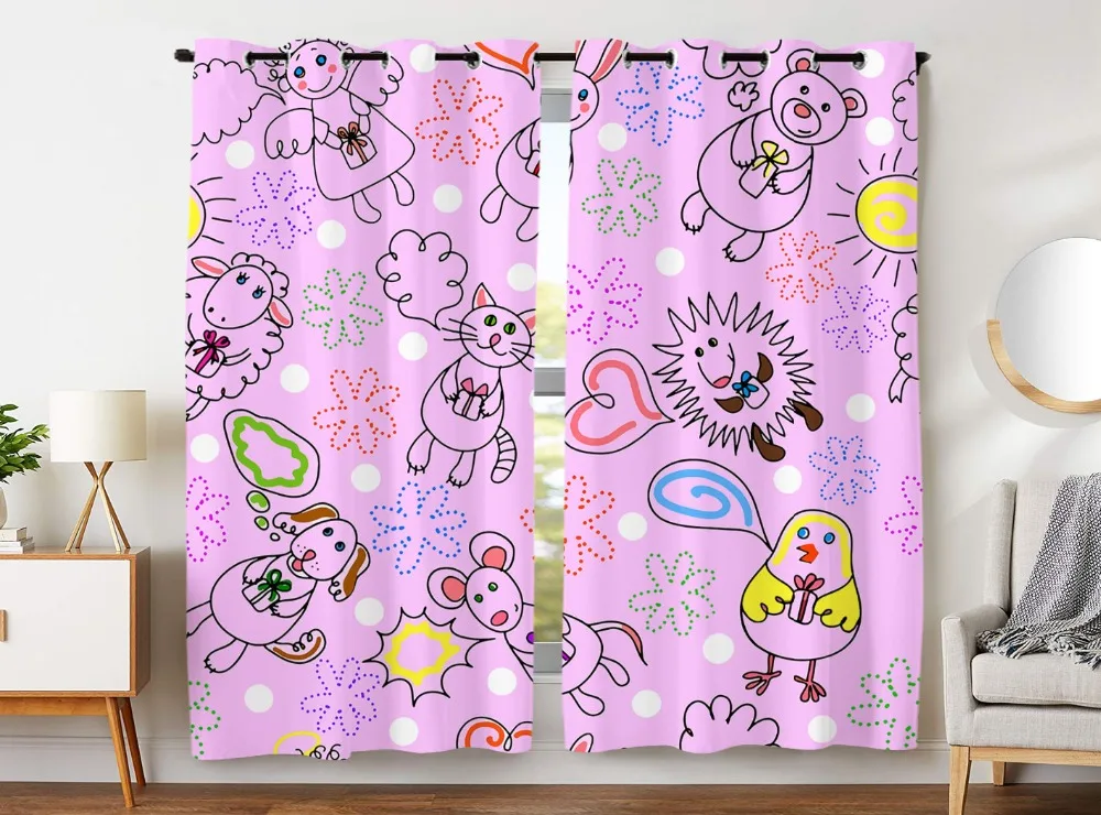 

HommomH Curtains (2 Panel) Grommet Top Darkening Blackout Room Cute Rabbit Cat Dog Chicken Hedgehog Sheep Bear Purple