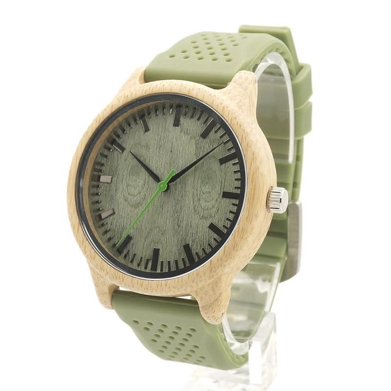 BOBO BIRD B06 Original Bamboo Case Green Dial Wood Watch Mens Fashion Quartz Watch with Green Silicon Band holz armbanduhr