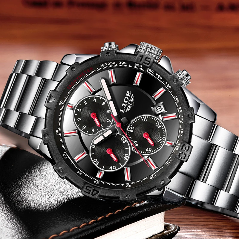 Lige top бренд 2019, Новая мода мужские часы Полный сталь бизнес хронограф дат кварцевые для мужчин подарки Relogio Masculino
