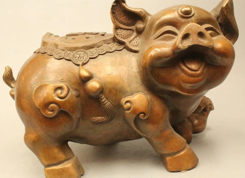 

8" Lucky China Chinese Folk Fengshui Bronze Money Wealth Zodiac Year Pig Statue