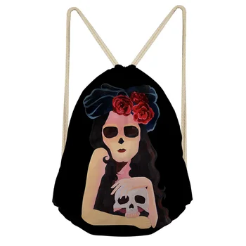 

THIKIN Woman Holds the Skeleton Cartoon Fashion Girls Shoulder Bags Women Daily Drawstring Backpack Polyester Bags Good Quality
