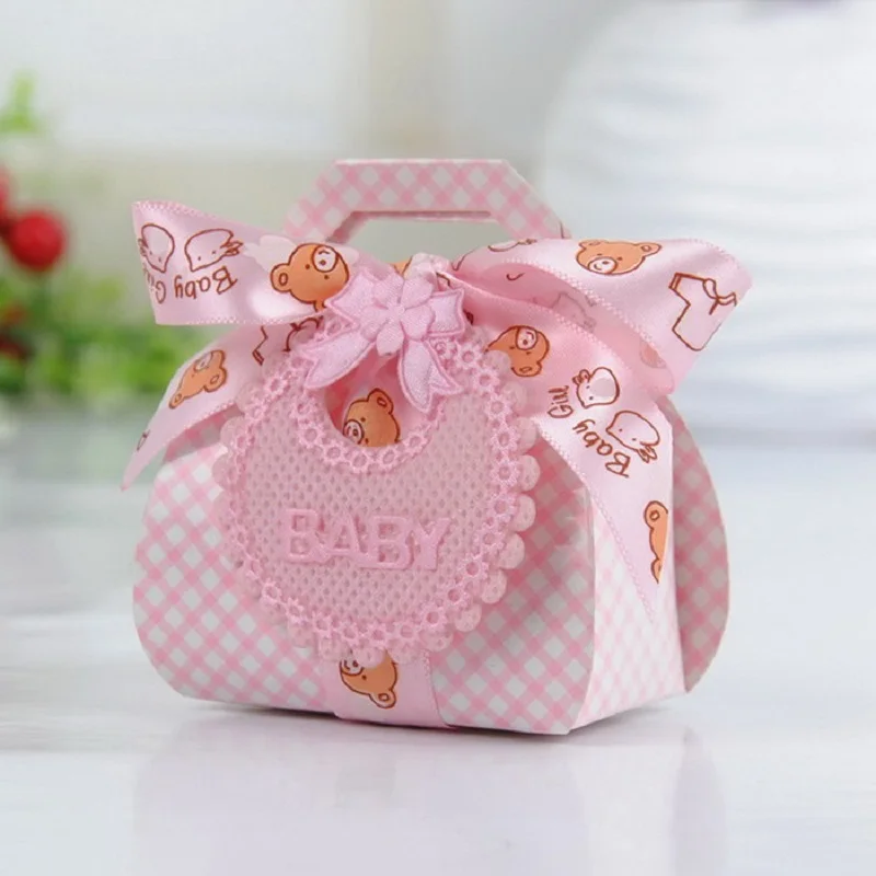 

24pcs/lot Baby Bib Ribbon Gift Gift Boxes Candy Bags Christening Baby Shower Party Favor Boxes Paper Candy Box Bear Style