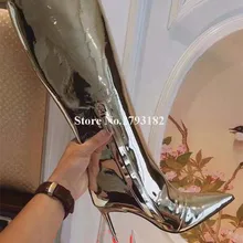 Пикантные женские сапоги до колена из лакированной кожи с острым носком; Цвет Серебристый; сапоги на высоком каблуке с молнией; Очаровательная модельная обувь