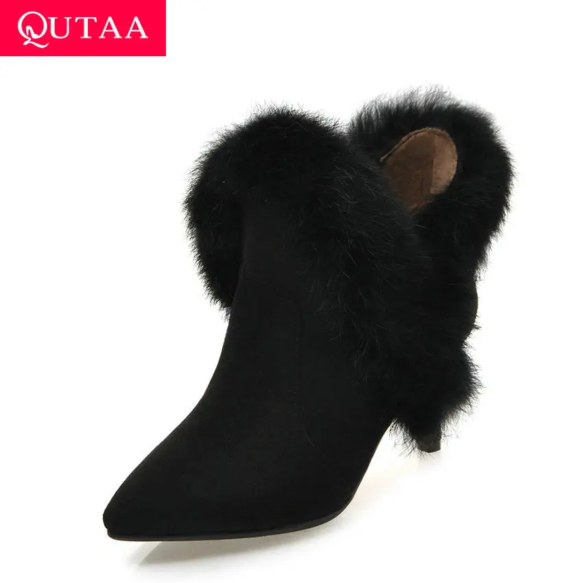 

QUTAA 2020 Sexy Thin High Heel Scrub Ankle Boots Fashion Pointed Toe Slip on Warm Fur Winter Short Boots Women Shoes Size 34-43