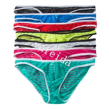 

YUFEIDA 7PCS/ LOT Sexy Mesh Briefs Men's Bikini See Through Pouch Striped Underwear Transparent Jockstrap Briefs