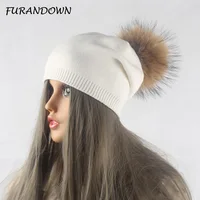 Autumn Winter Pompom Beanies Hat Women Knitted Wool Skullies Casual Women's Cap Real Raccoon Fur Pompom Hats 5