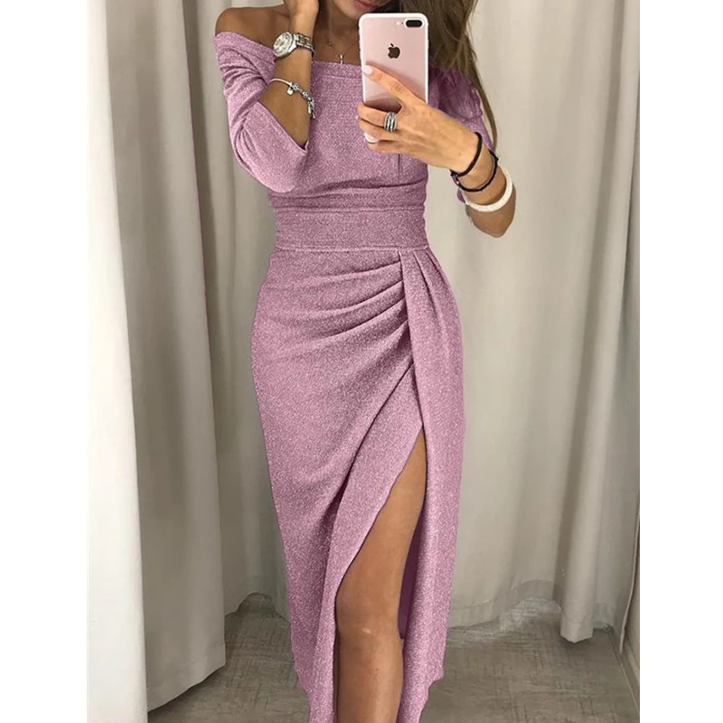 

Autumn Winter Women's Bag Hip Dress Open-necked Collar Dress Bright Crystal Dress Mid-length sleeve slim sexy Dinner Dress