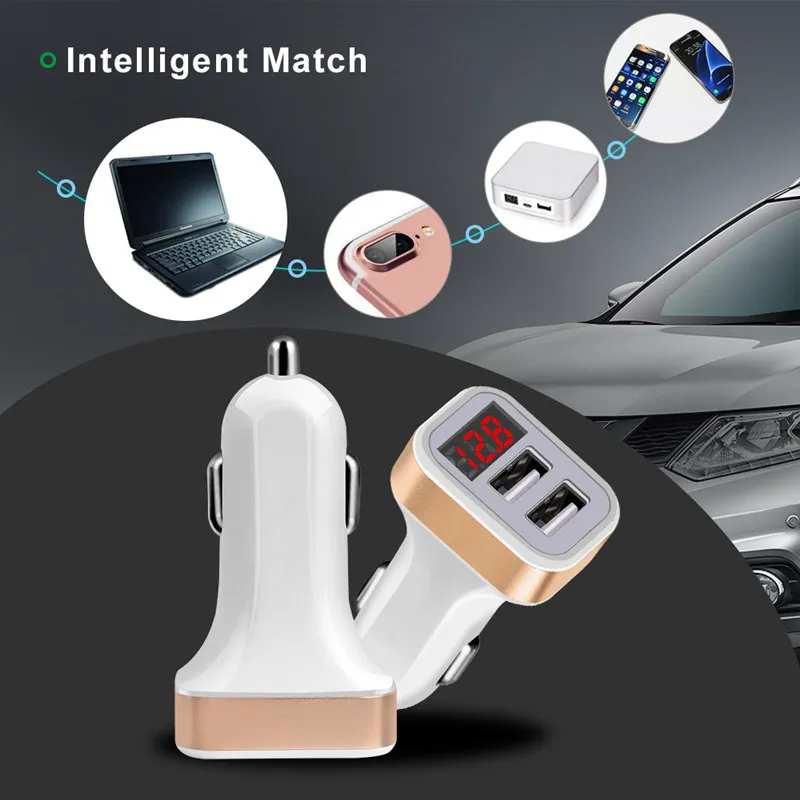 Car Charger Digital Display Dual Port USB Adapter 2.1A Double Type C For Samsung Mobile Phone Fast Charging