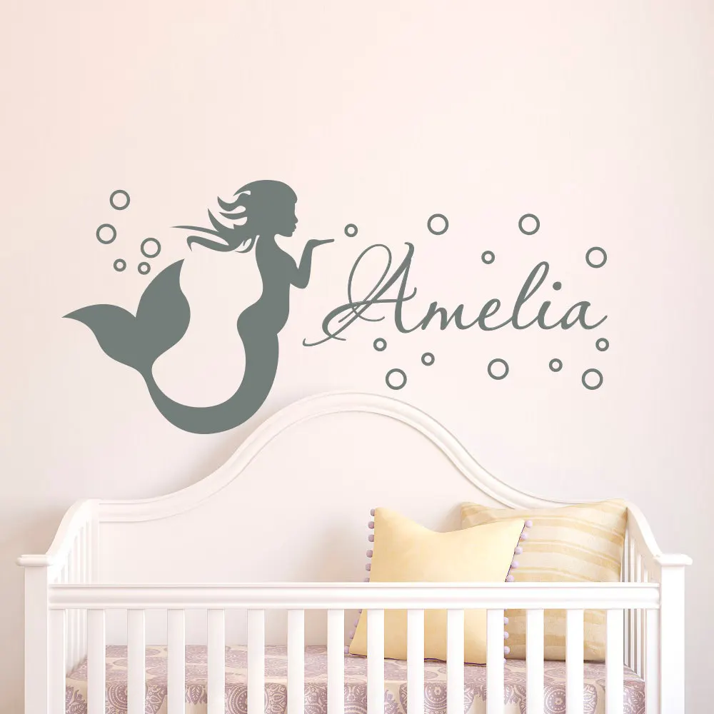 Personalized Name Decal with Mermaid  Mermaid Wall Decal Girl Nursery  Baby Girl Room Nautical Decor  School of Fish Decal  Mermaid Art