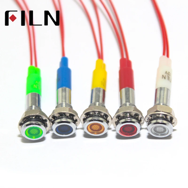 Filn 6 мм mini 3 v 5 v 6 12 24 v 220 светодиодный металлическая сигнальная лампочка без каблука сигнальная лампа красный цвет зеленый, синий orange белый с 20 см кабеля