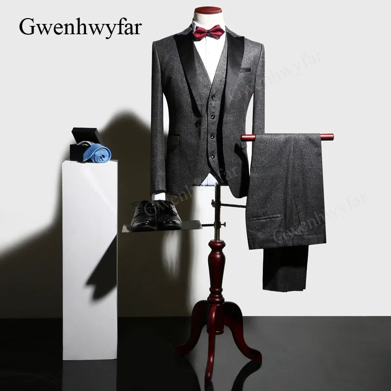 Us 90 75 39 Off Gwenhwyfar Men Suit Dark Grey 2018 Wedding Suits For Men Satin Collar 3 Pieces Slim Fit Burgundy Suit Men Blue Tuxedo Jacket Set In