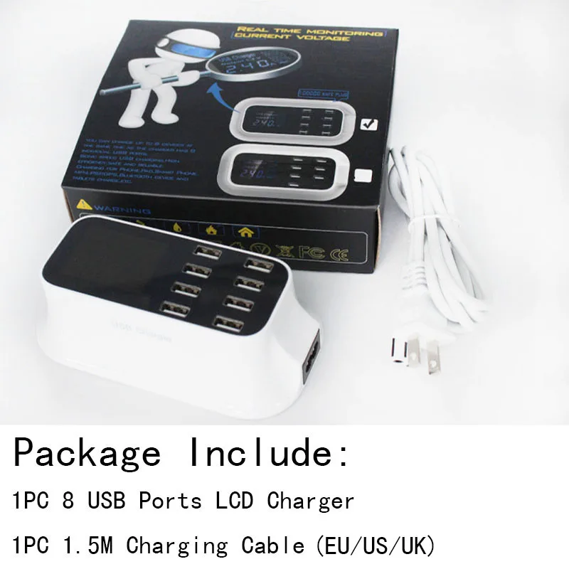 Evewher LCD 8 USB портов мульти зарядное устройство EU US UK адаптер 150 см зарядный кабель ЖК