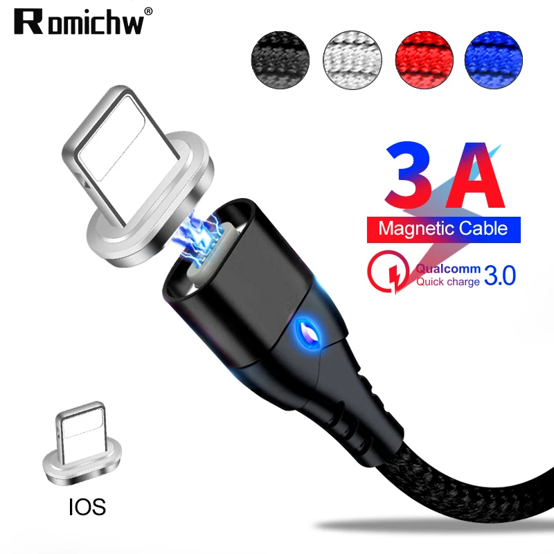 

Romichw LED Indicator 3A Magnetic USB Cable Charger For iPhone 7 8 Plus X XR Fast Charging Phone Cable Wire For iPhone 5S 6S 6 4