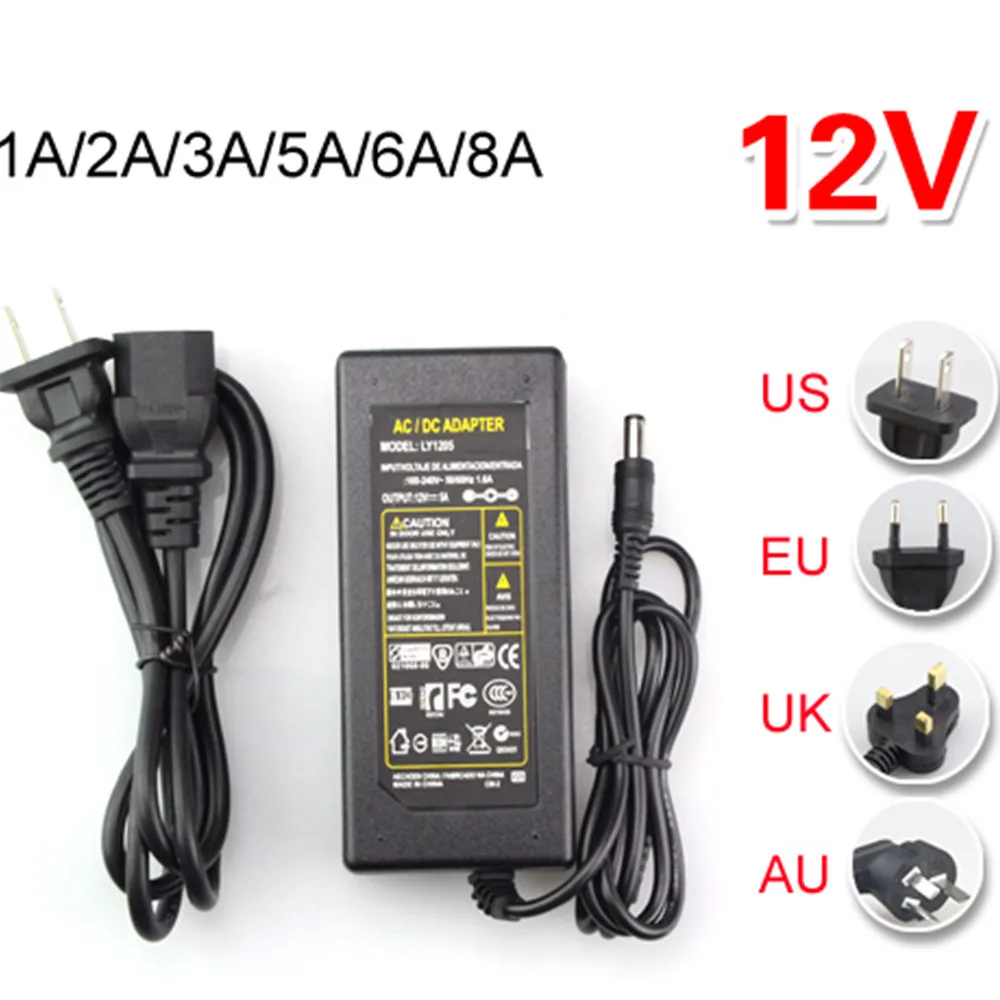 2A 3A 5A 6A 8A светодиодный Питание адаптер переменного тока 110 В 220 к DC 12V Светодиодный драйвер для 5050 3528 3014 5630 Светодиодные ленты стандарта ЕС, США, Великобритании AU US розетка