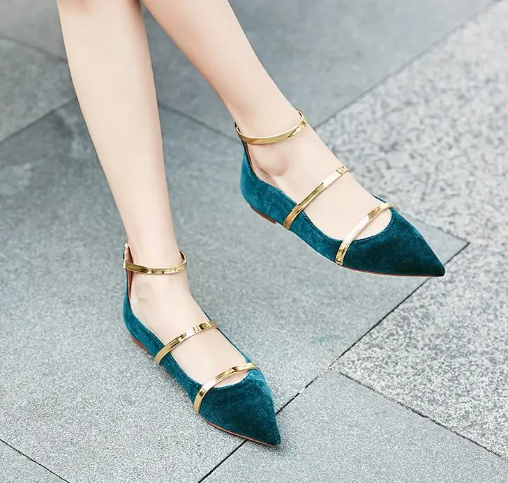 

Women Celebrity Green Velvet Pointed Toe Flat Shoes Gold Silver Metal Decoration Back Zipper Patchwork Casual Ballet Shoes