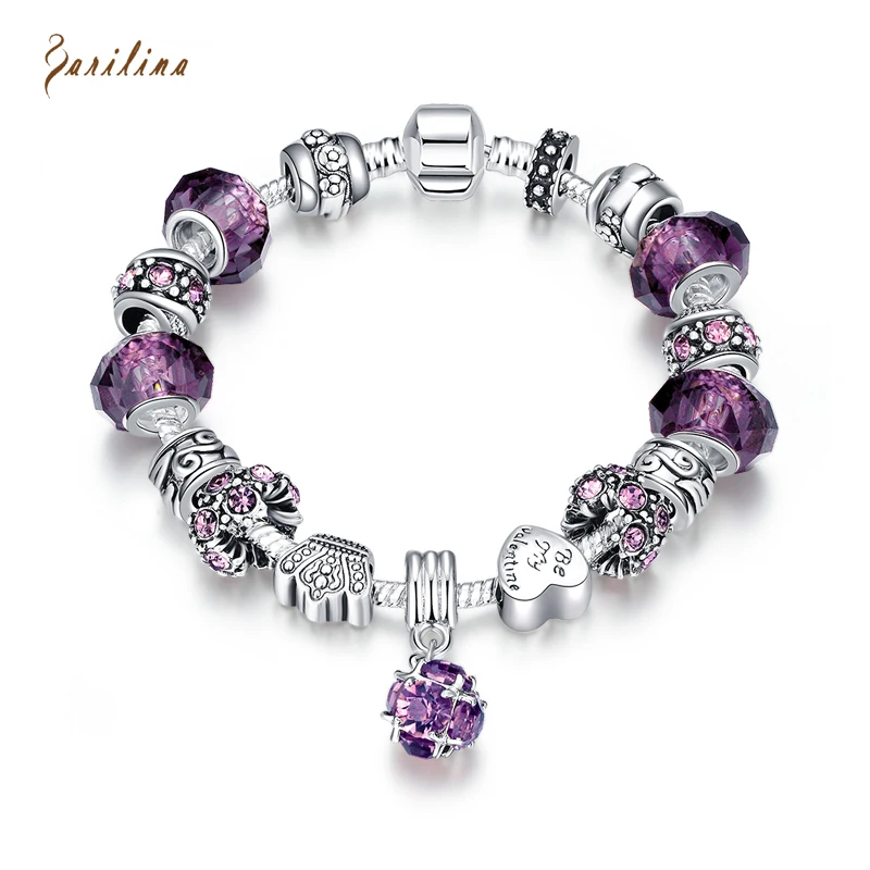 

2017 European Vintage Silver Charm Glass Bracelets & Bangles For Women Purple Crystal Ball Beads Pulseras DIY Jewelry B2013