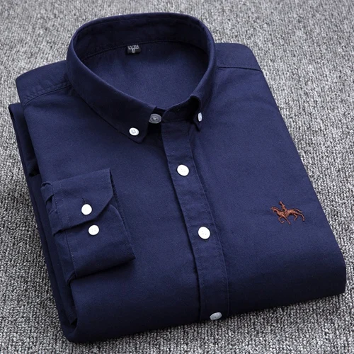 Мужская рубашка в Оксфордском стиле из хлопка размера плюс 4XL, Однотонная рубашка на пуговицах с длинным рукавом высокого качества для деловых мужчин, умная Повседневная рубашка - Цвет: Navy