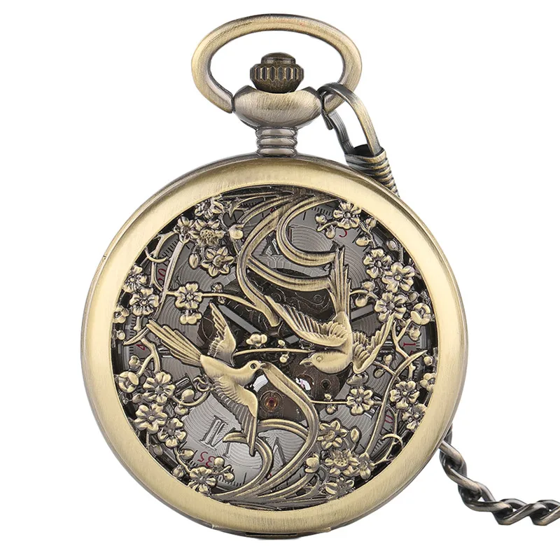 

Retro Automatic Mechanical Men Pocket Watch Chain Exquisite Magpie Hollow Flower Women Roman Numeral Bronze Clock Drop Shipping