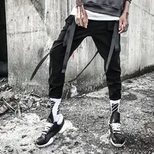 Черный Личность Ленты Брюки мужские Штаны Молодежные штаны-шаровары мужские ноги брюки Модные мужские панталоны Street Новинка Черный