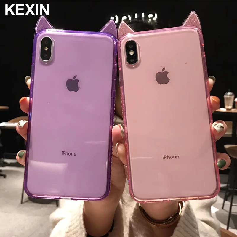 

KEXIN Candy Colors Cat Ears Transparent Phone Case For iPhone XS MAX XR X 7 8 6 Plus Drilling Case TPU Soft Shell Back Cover Bag