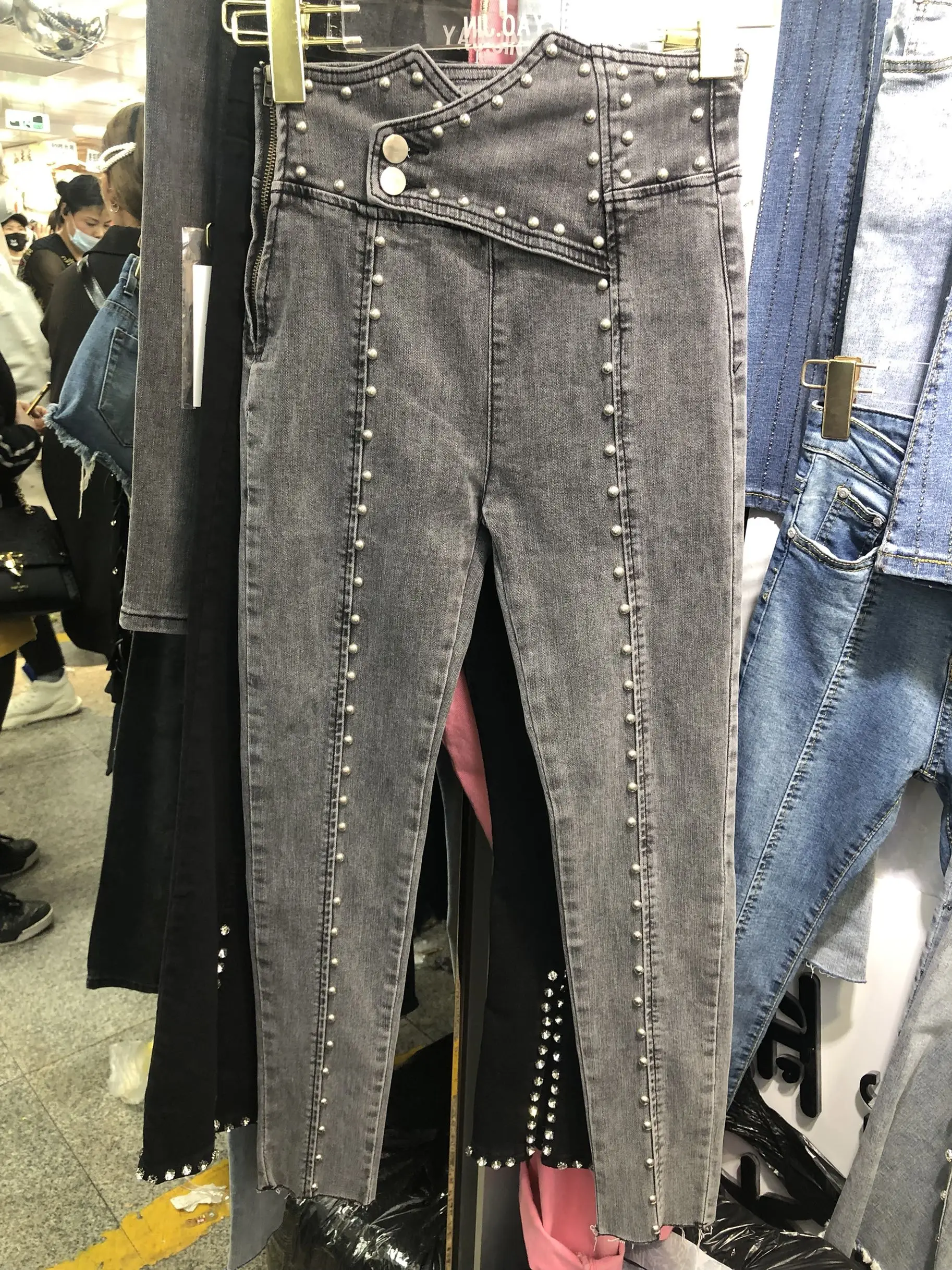 

Beaded ultra-high waist jeans women's belly was thin 2019 new