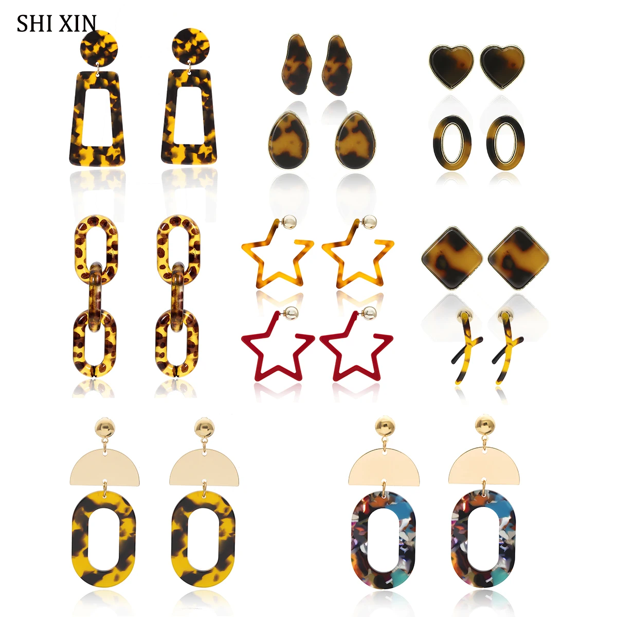 

SHIXIN Acetate Earrings for Women 2019 Fashion Pentagram Stars/Heart/Geometric Earring Leopard Drop Earring Elegant Jewelry Gift