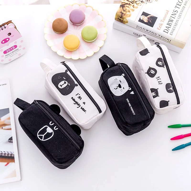 

4 Kinds Portable Black White Cartoon Bear Pencil Case Pen Box Kids Pencil Bag Ruler Storage Student Gift Office School Supply