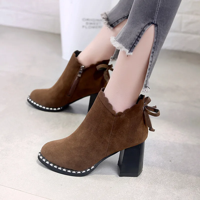 Suede Leather flower side ankle botas bow knot chunky martin botines ...