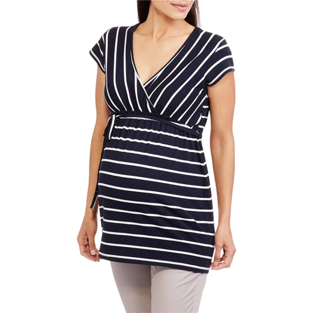 

Maternity clothes Maternity Stripe Print V Neck Top Tee T-shirt Pregnancy Clothes nursing clothes tops#P40US