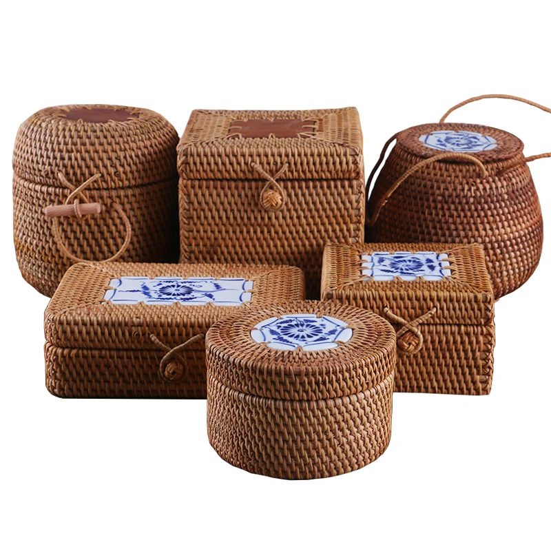 Rattan Storage Box With Lid Handmade Woven Wooden Organizer For