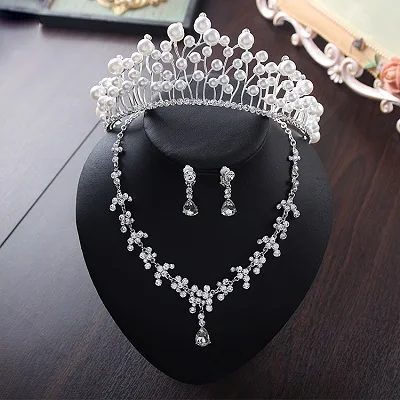 Bride Diaries New Design Crystal Pearl Bride 3pcs Set Necklace Earrings Tiara Bridal Wedding Jewelry Set Accessories (19)